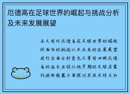 厄德高在足球世界的崛起与挑战分析及未来发展展望