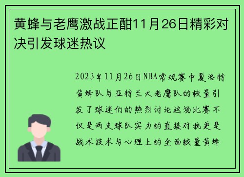 黄蜂与老鹰激战正酣11月26日精彩对决引发球迷热议